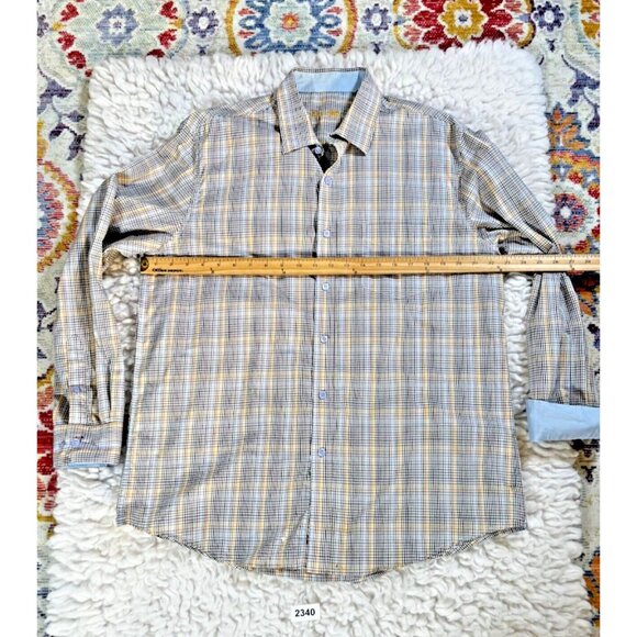 Tasso Elba Mens Shirts Lg 16-16.5 Blue Brown Button Up Plaid Contrast Cuff - Picture 2 of 8